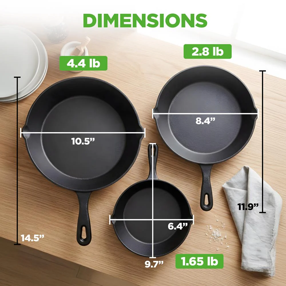 Pre-Seasoned Cast Iron Skillet Set 3pc Nonstick Even-Heat Drip Spout - Image 7