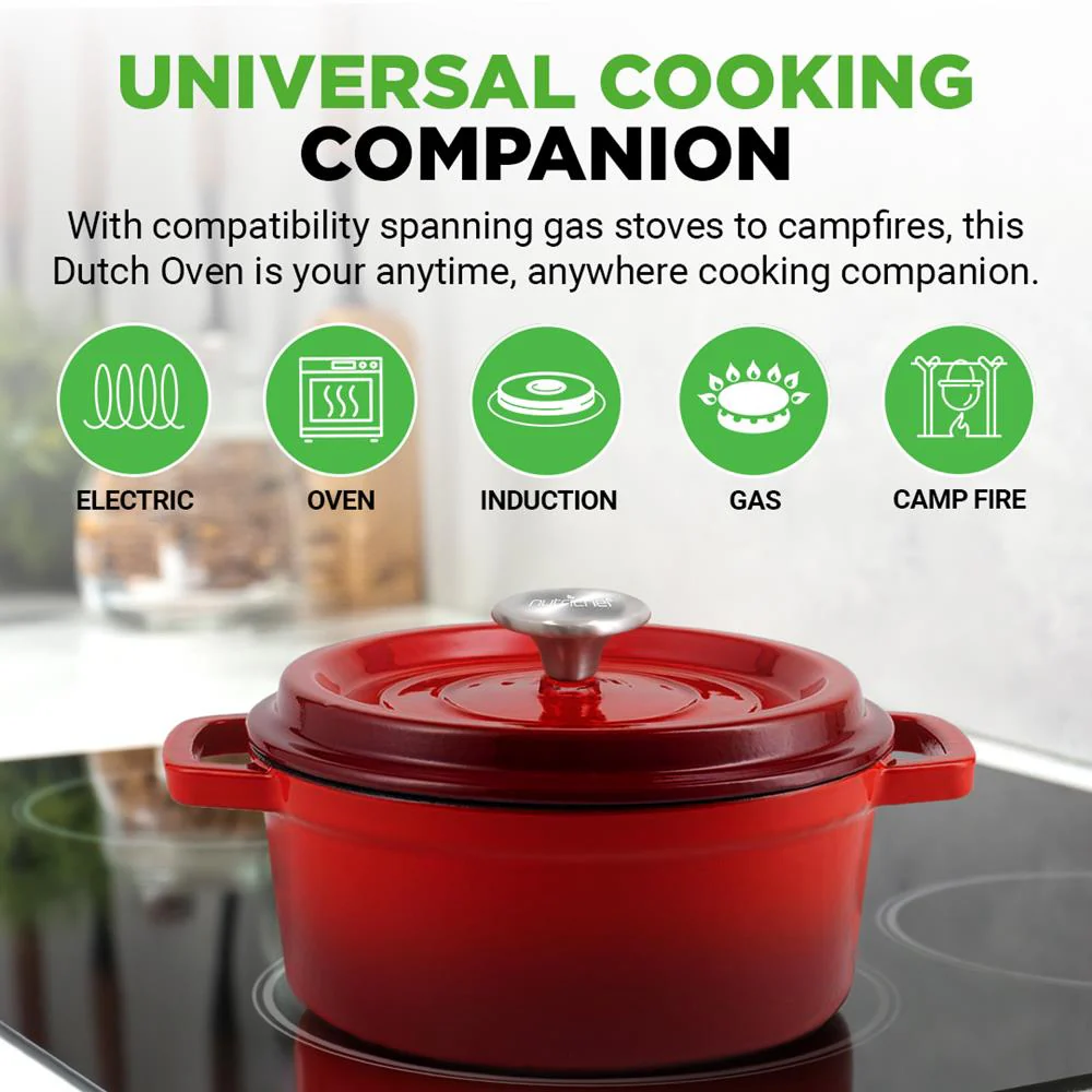 Dutch Oven 5 Qt Even Cooking Porcelain Enamel Cast Iron Red - Image 3