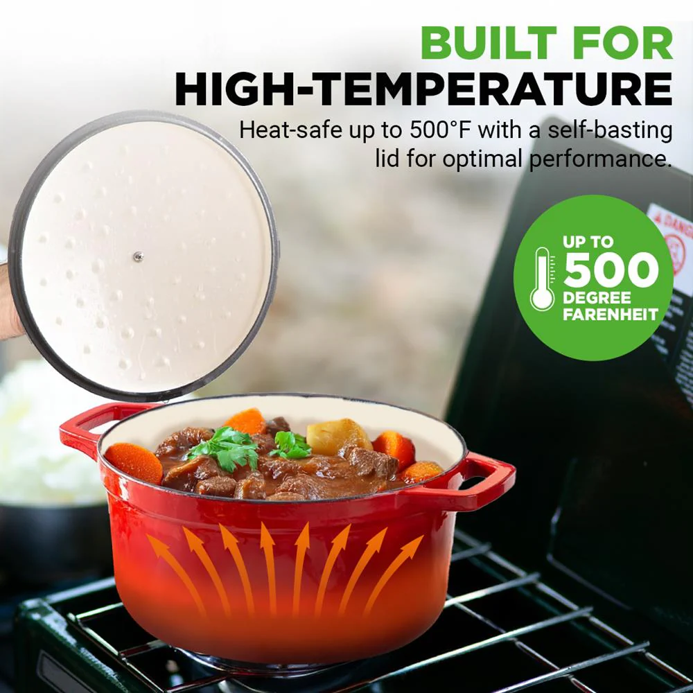 Dutch Oven 5 Qt Even Cooking Porcelain Enamel Cast Iron Red - Image 5