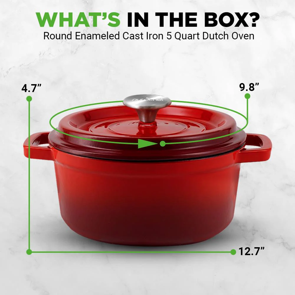 Dutch Oven 5 Qt Even Cooking Porcelain Enamel Cast Iron Red - Image 6