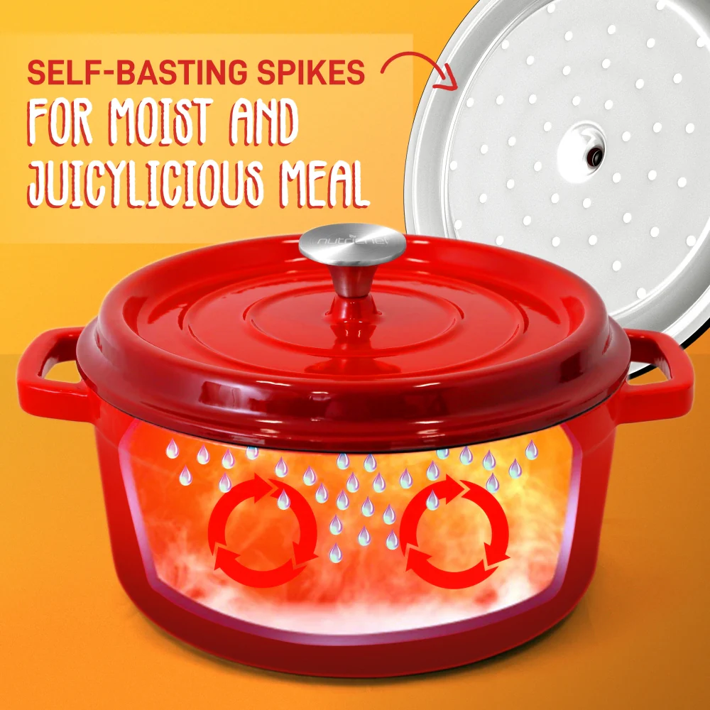 Dutch Oven 5 Qt Even Cooking Porcelain Enamel Cast Iron Red - Image 8