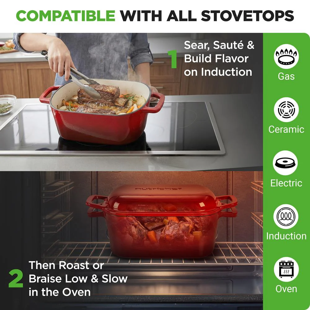 Nutrichef 3.6Qt Enamel-Coated Cast Iron Dutch Oven With Lid And Silicone Gloves Perfect For Baking, Braising, Roasting, Stewing, Slow Cooking, And Frying (Red) - Image 3
