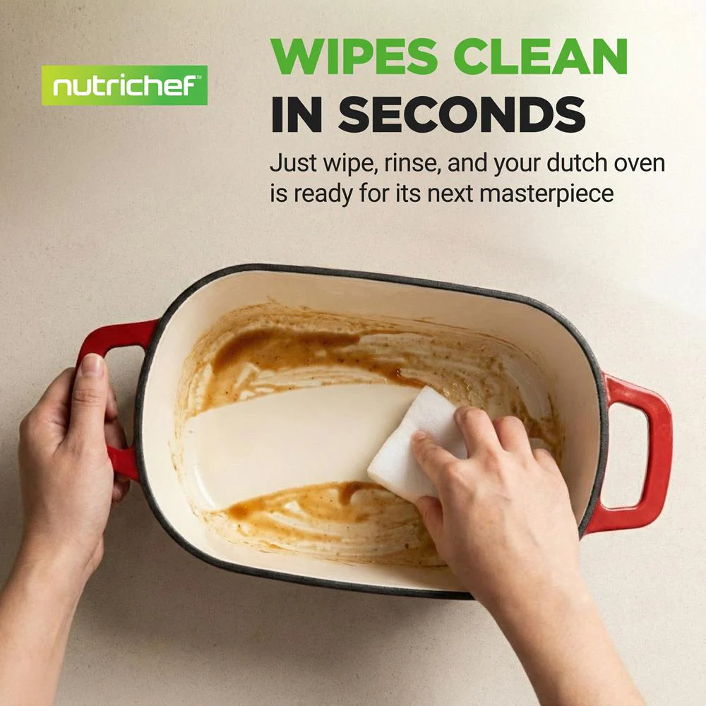 Nutrichef 3.6Qt Enamel-Coated Cast Iron Dutch Oven With Lid And Silicone Gloves Perfect For Baking, Braising, Roasting, Stewing, Slow Cooking, And Frying (Red) - Image 6