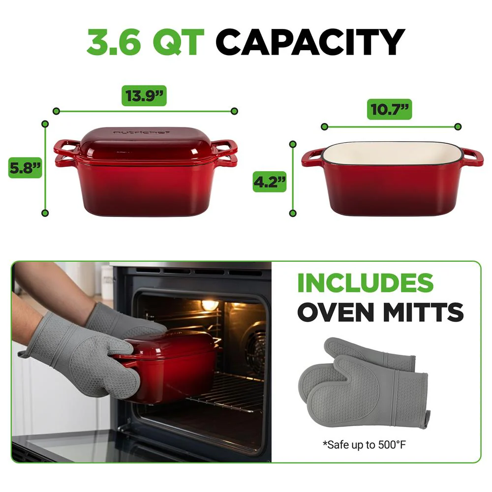 Nutrichef 3.6Qt Enamel-Coated Cast Iron Dutch Oven With Lid And Silicone Gloves Perfect For Baking, Braising, Roasting, Stewing, Slow Cooking, And Frying (Red) - Image 7