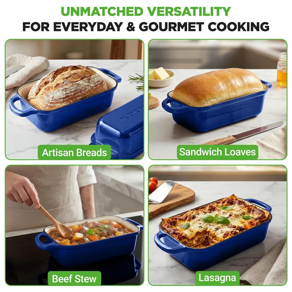 Nutrichef 9” X 5” Enamel-Coated Cast Iron Loaf Pan With Lid And Silicone Gloves Perfect For Baking, Stewing And Roasting (Blue) - Image 2