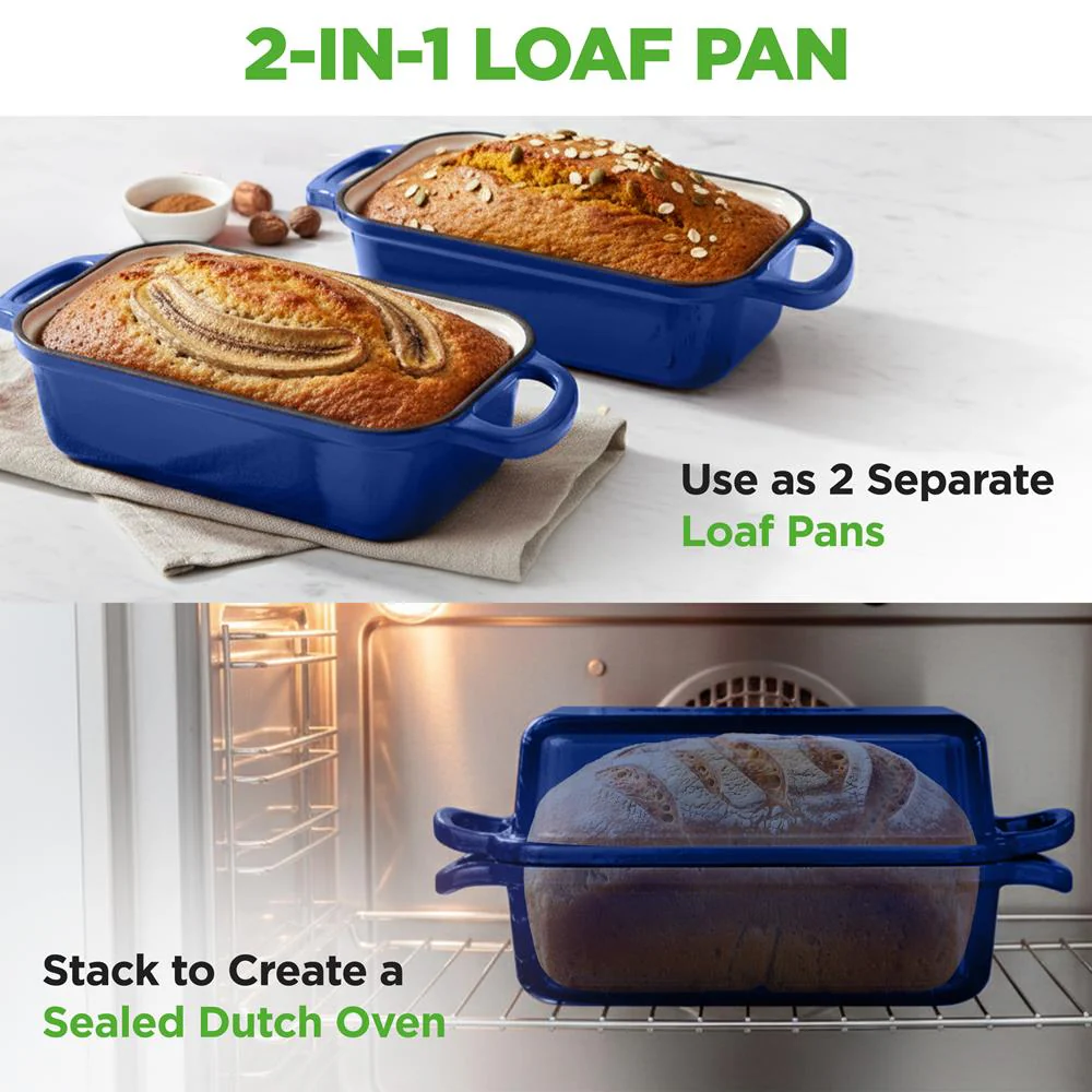 Nutrichef 9” X 5” Enamel-Coated Cast Iron Loaf Pan With Lid And Silicone Gloves Perfect For Baking, Stewing And Roasting (Blue) - Image 3