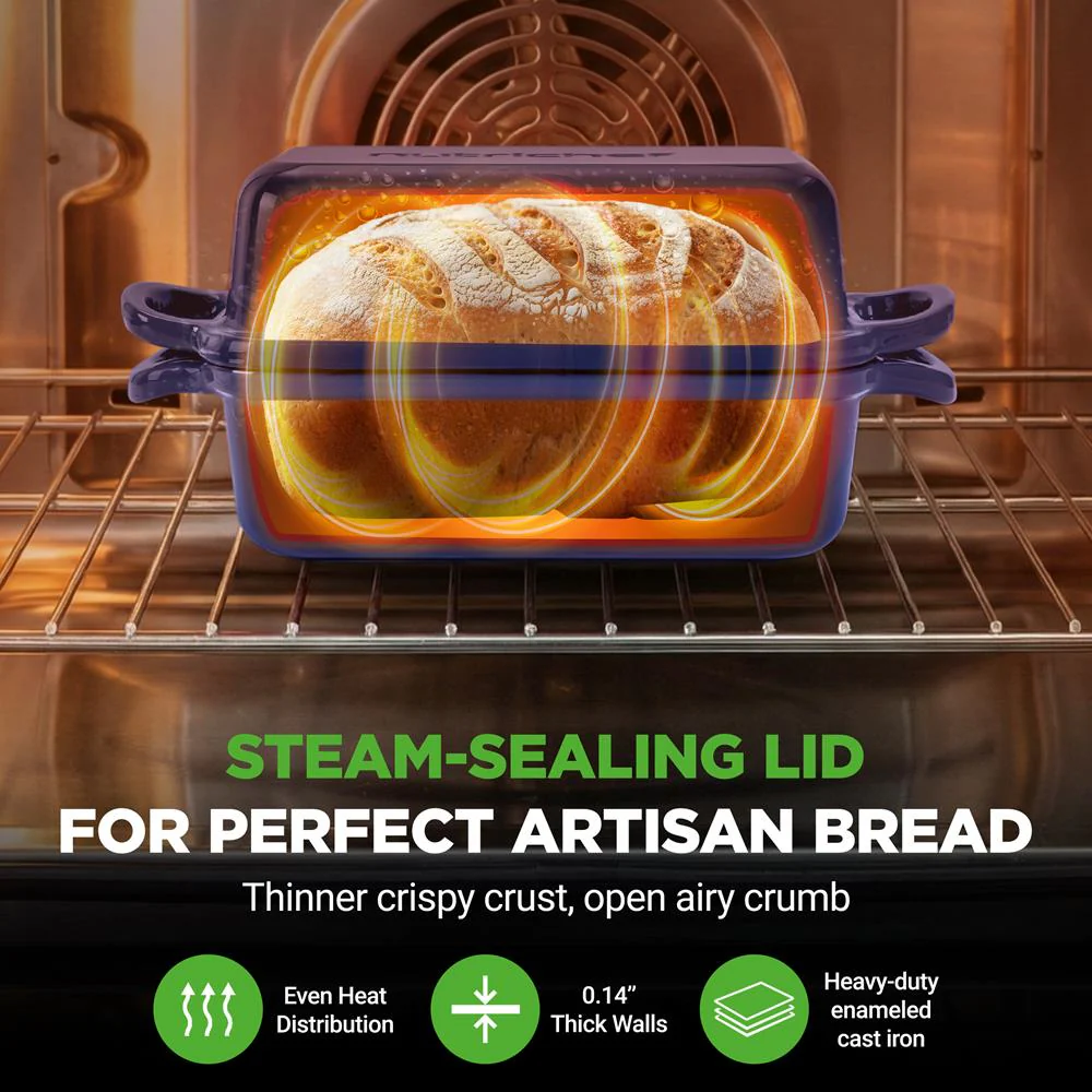 Nutrichef 9” X 5” Enamel-Coated Cast Iron Loaf Pan With Lid And Silicone Gloves Perfect For Baking, Stewing And Roasting (Blue) - Image 4