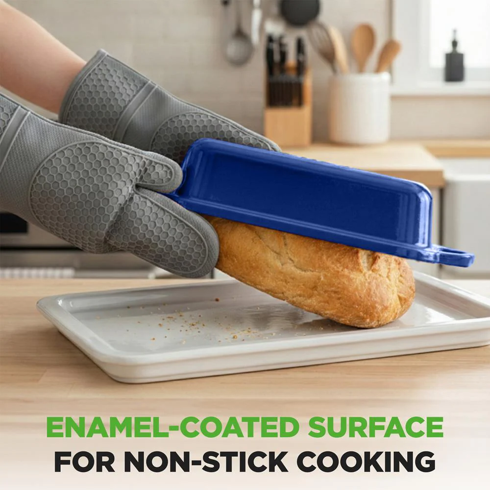 Nutrichef 9” X 5” Enamel-Coated Cast Iron Loaf Pan With Lid And Silicone Gloves Perfect For Baking, Stewing And Roasting (Blue) - Image 5