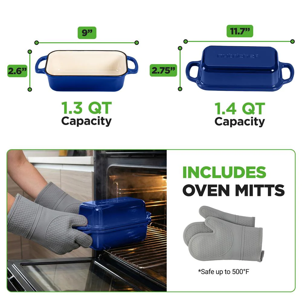 Nutrichef 9” X 5” Enamel-Coated Cast Iron Loaf Pan With Lid And Silicone Gloves Perfect For Baking, Stewing And Roasting (Blue) - Image 7