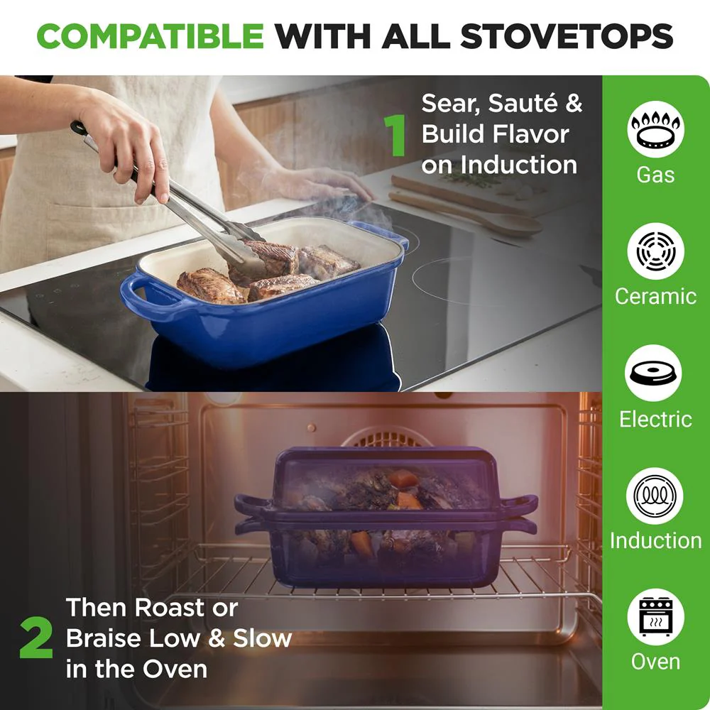 Nutrichef 9” X 5” Enamel-Coated Cast Iron Loaf Pan With Lid And Silicone Gloves Perfect For Baking, Stewing And Roasting (Blue) - Image 8