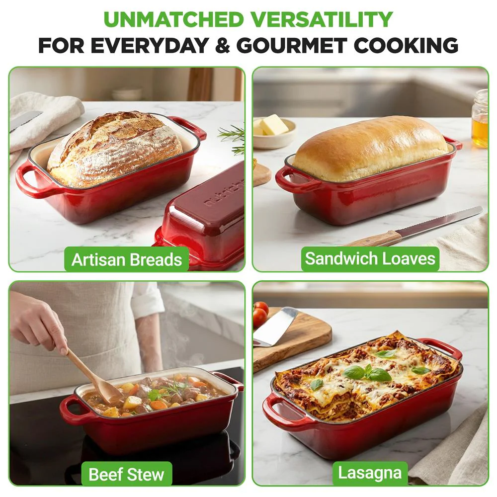 Nutrichef 9” X 5” Enamel-Coated Cast Iron Bread Loaf Pan With Lid, Handles And Silicone Gloves Perfect For Baking Bread And Sourdough Making (Red) - Image 2