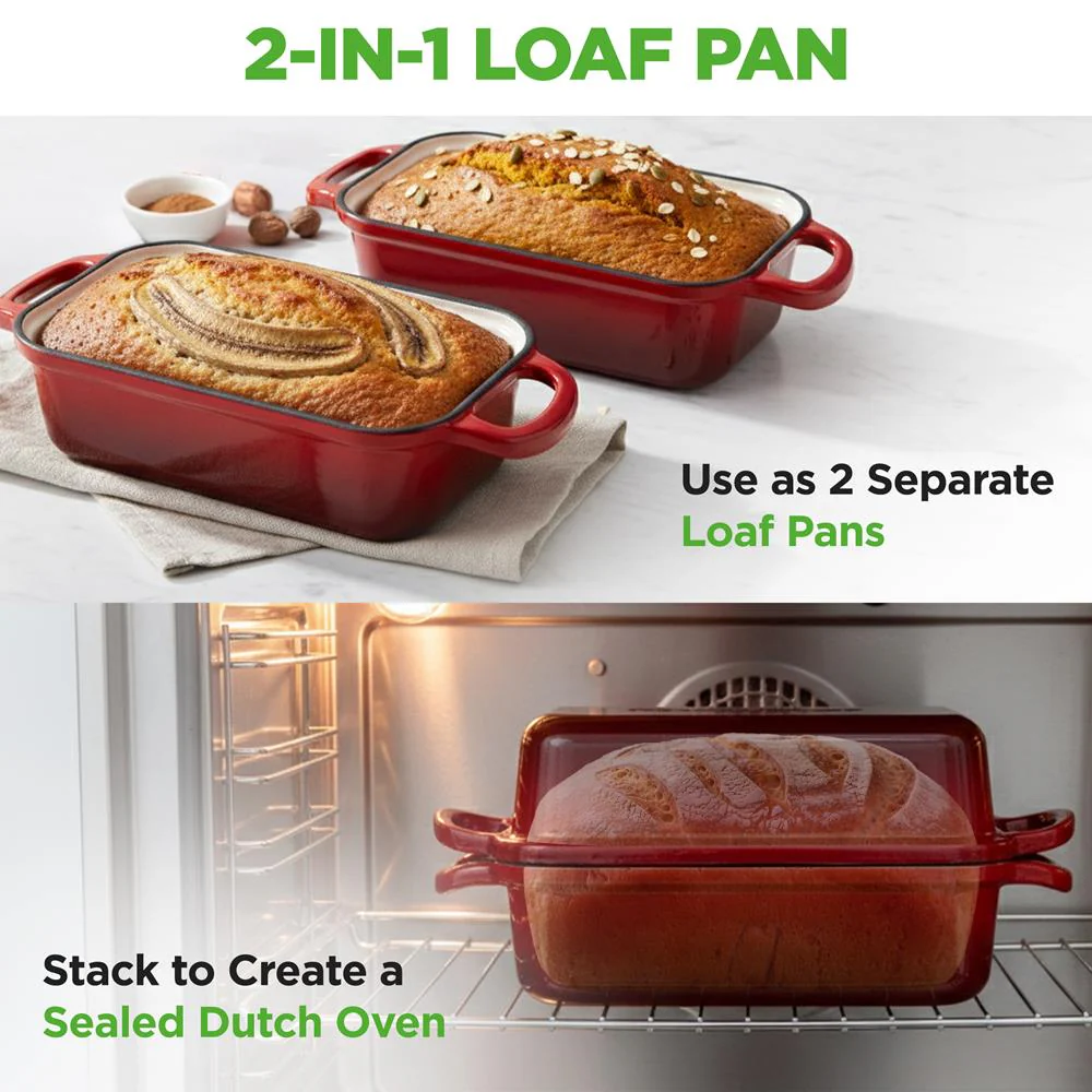 Nutrichef 9” X 5” Enamel-Coated Cast Iron Bread Loaf Pan With Lid, Handles And Silicone Gloves Perfect For Baking Bread And Sourdough Making (Red) - Image 3