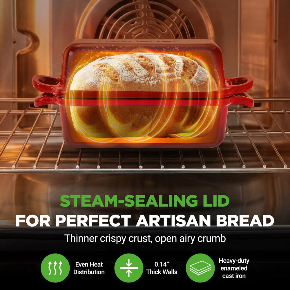 Nutrichef 9” X 5” Enamel-Coated Cast Iron Bread Loaf Pan With Lid, Handles And Silicone Gloves Perfect For Baking Bread And Sourdough Making (Red) - Image 4