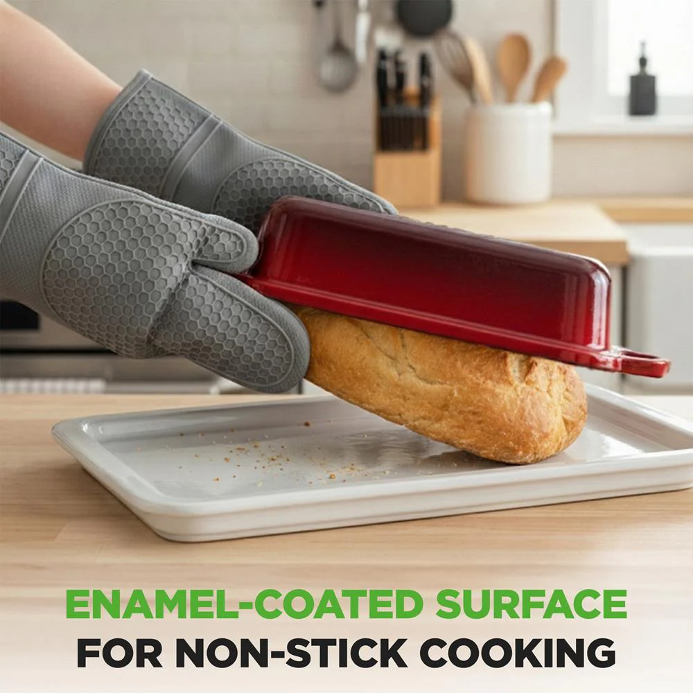Nutrichef 9” X 5” Enamel-Coated Cast Iron Bread Loaf Pan With Lid, Handles And Silicone Gloves Perfect For Baking Bread And Sourdough Making (Red) - Image 5
