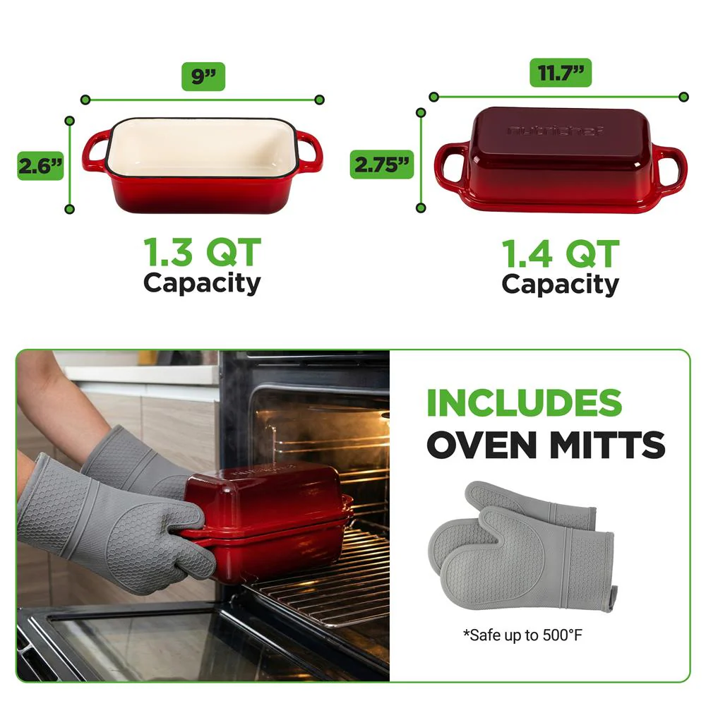 Nutrichef 9” X 5” Enamel-Coated Cast Iron Bread Loaf Pan With Lid, Handles And Silicone Gloves Perfect For Baking Bread And Sourdough Making (Red) - Image 7