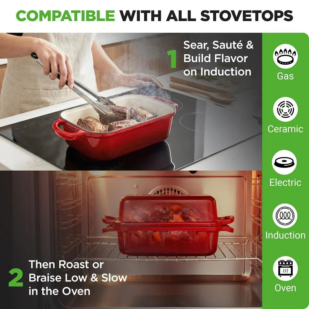 Nutrichef 9” X 5” Enamel-Coated Cast Iron Bread Loaf Pan With Lid, Handles And Silicone Gloves Perfect For Baking Bread And Sourdough Making (Red) - Image 8
