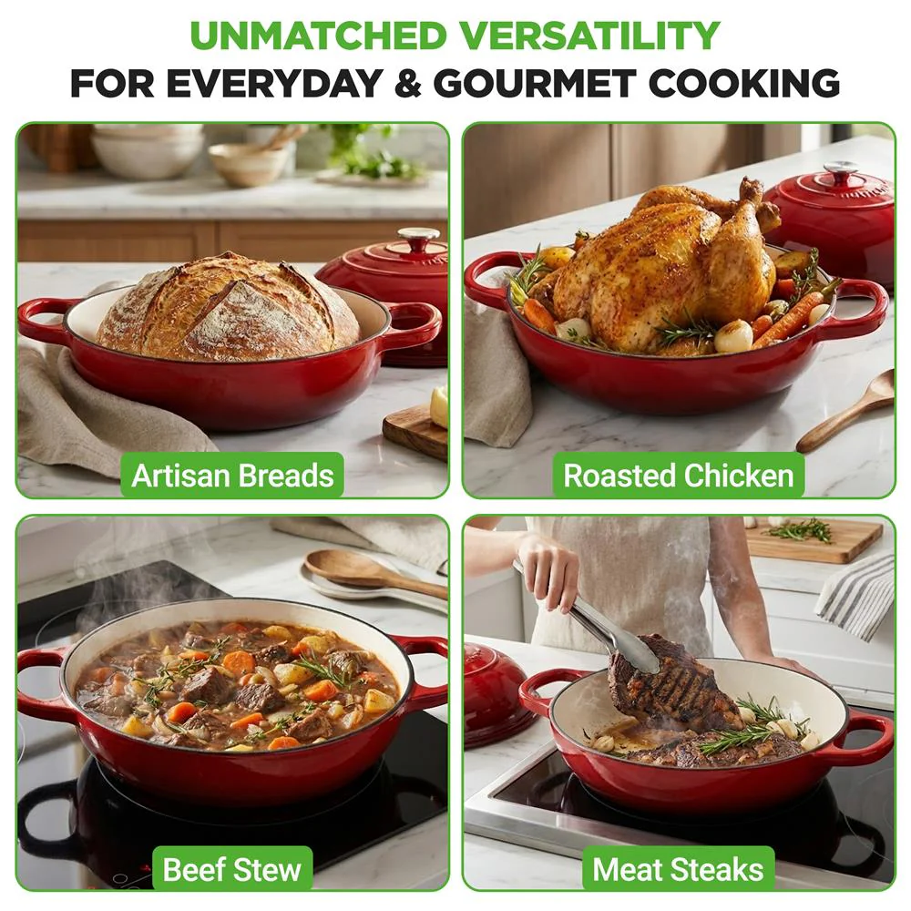 Nutrichef 10.2” Enamel-Coated Cast Iron Dome-Shaped Bread Pan With Lid, Handles And Silicone Gloves Perfect For Baking, Braising, Roasting And Stewing (Red) - Image 2