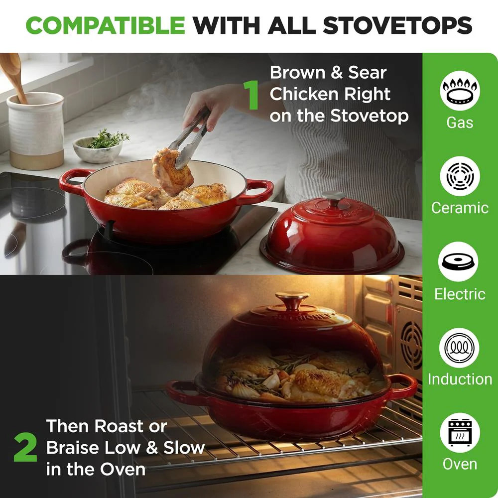 Nutrichef 10.2” Enamel-Coated Cast Iron Dome-Shaped Bread Pan With Lid, Handles And Silicone Gloves Perfect For Baking, Braising, Roasting And Stewing (Red) - Image 3