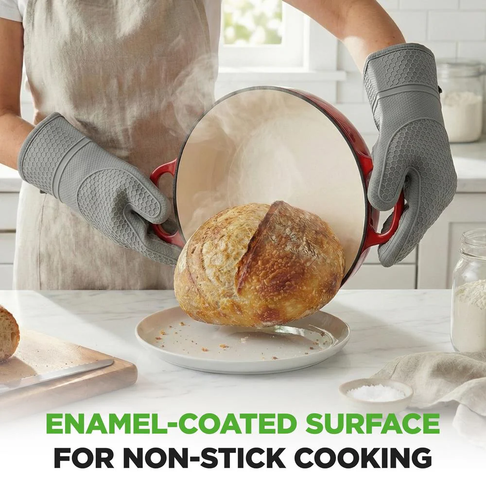 Nutrichef 10.2” Enamel-Coated Cast Iron Dome-Shaped Bread Pan With Lid, Handles And Silicone Gloves Perfect For Baking, Braising, Roasting And Stewing (Red) - Image 5