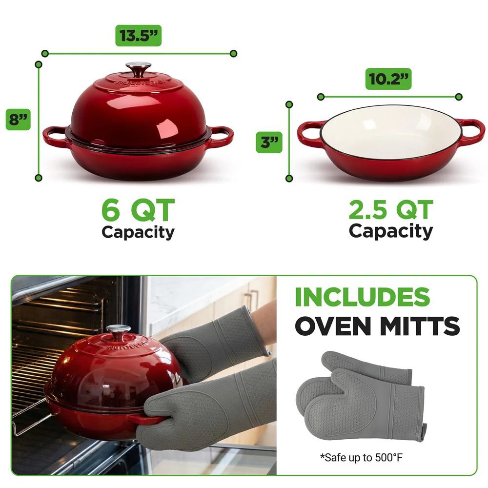 Nutrichef 10.2” Enamel-Coated Cast Iron Dome-Shaped Bread Pan With Lid, Handles And Silicone Gloves Perfect For Baking, Braising, Roasting And Stewing (Red) - Image 6