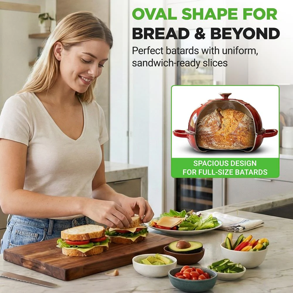Nutrichef 10.2” Enamel-Coated Cast Iron Dome-Shaped Bread Pan With Lid, Handles And Silicone Gloves Perfect For Baking, Braising, Roasting And Stewing (Red) - Image 7
