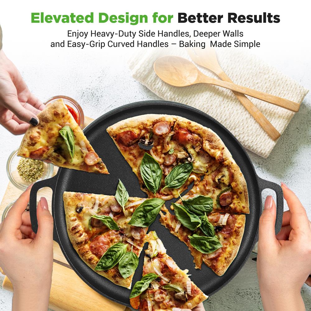 13" Cast Iron Pizza Pan - Versatile Pre-Seasoned Griddle w/ Handles - Image 2