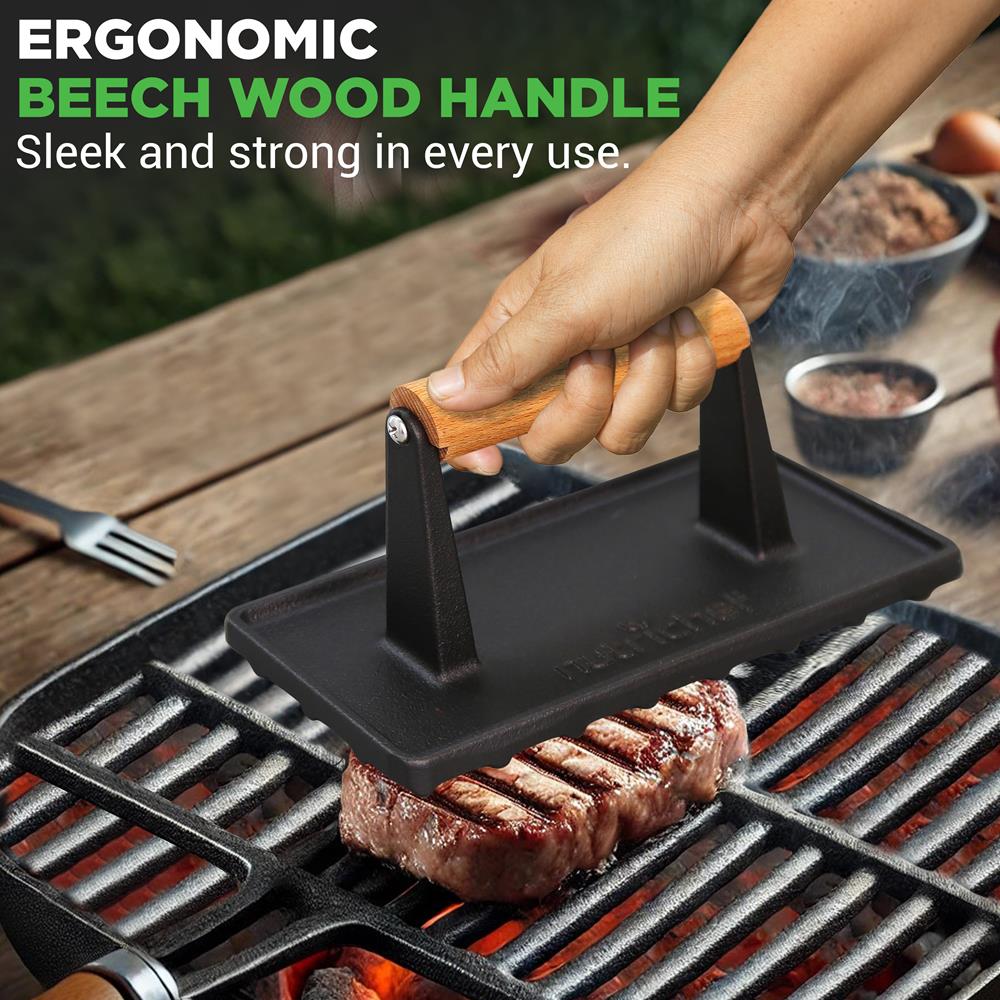 Cast Iron Grill Press - Speeds Cooking - Beech Wood Handle - Image 3