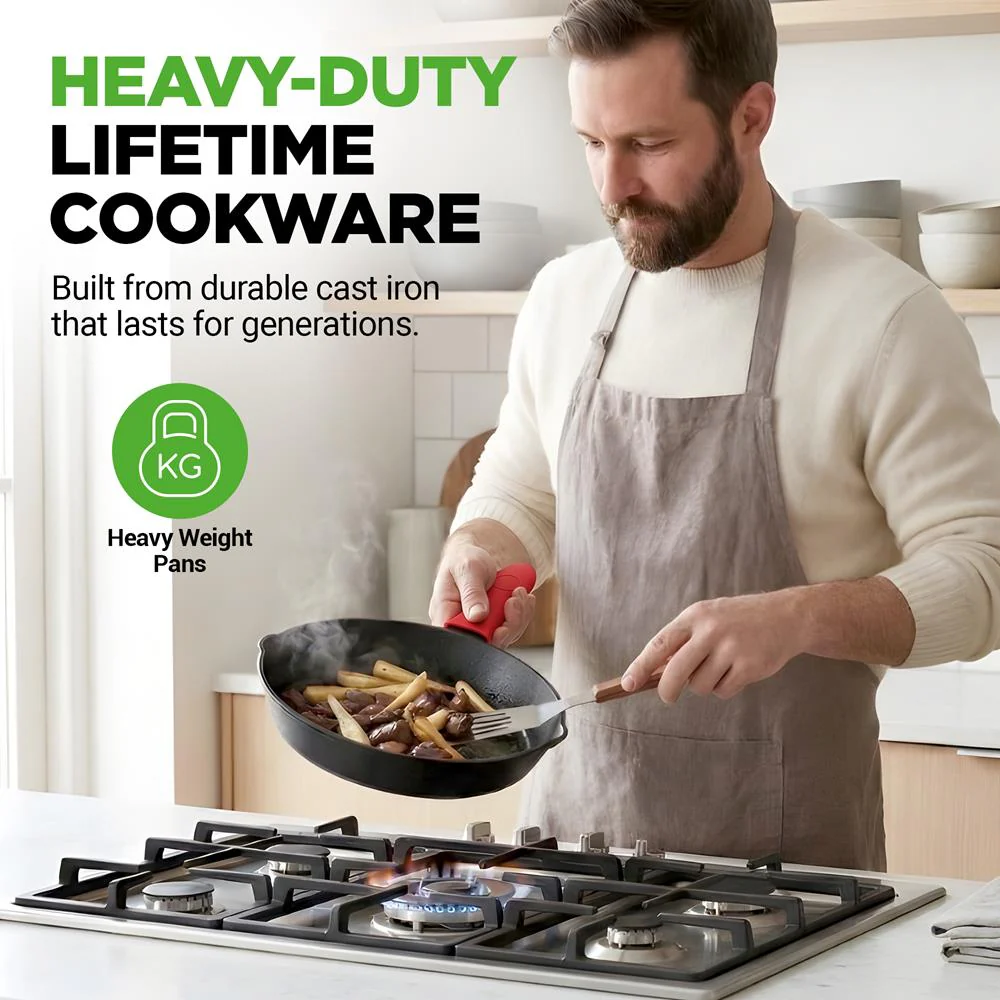 3pc Cast Iron Skillet Set - Nonstick, Even Heat, Silicone Handles - Image 3
