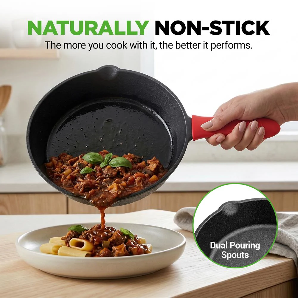 3pc Cast Iron Skillet Set - Nonstick, Even Heat, Silicone Handles - Image 4
