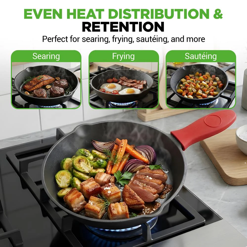 3pc Cast Iron Skillet Set - Nonstick, Even Heat, Silicone Handles - Image 6