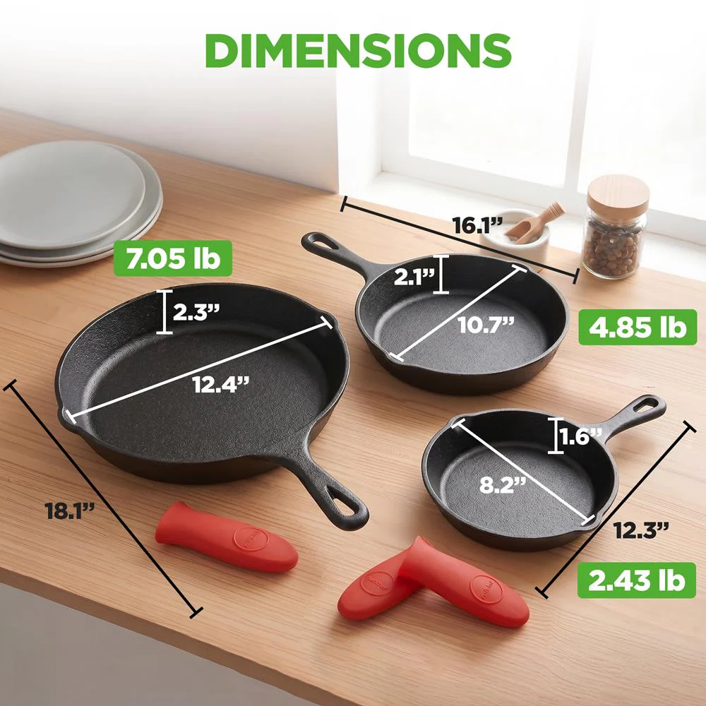 3pc Cast Iron Skillet Set - Nonstick, Even Heat, Silicone Handles - Image 7