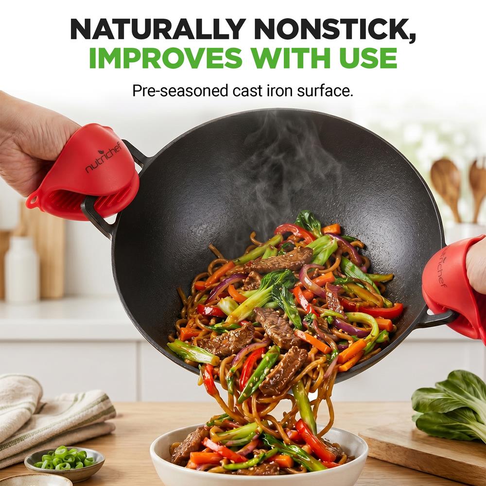 Cast Iron Wok 5.8 Qt Even Heat Pre-Seasoned with Wooden Lid - Image 2