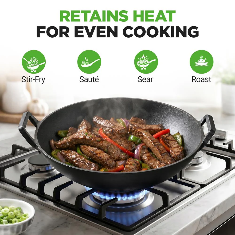 Cast Iron Wok 5.8 Qt Even Heat Pre-Seasoned with Wooden Lid - Image 3