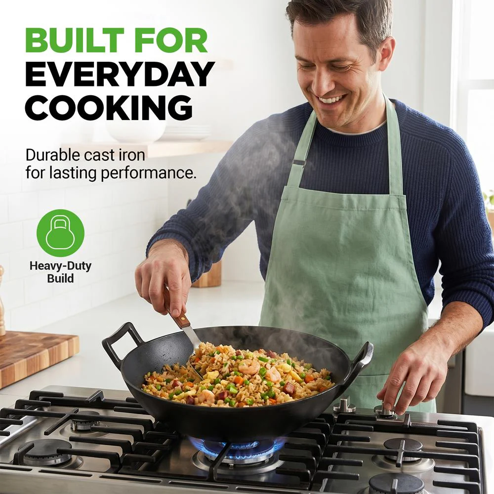 Cast Iron Wok 5.8 Qt Even Heat Pre-Seasoned with Wooden Lid - Image 4