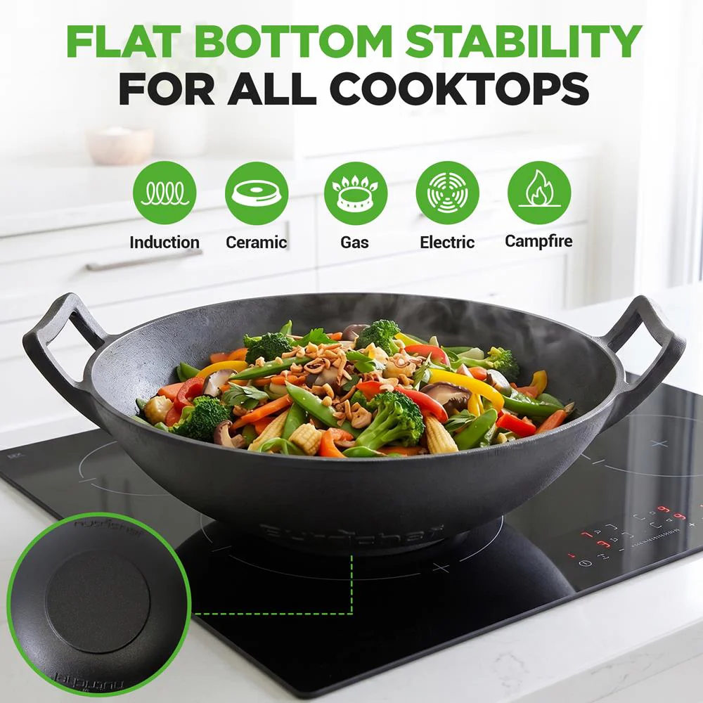 Cast Iron Wok 5.8 Qt Even Heat Pre-Seasoned with Wooden Lid - Image 6