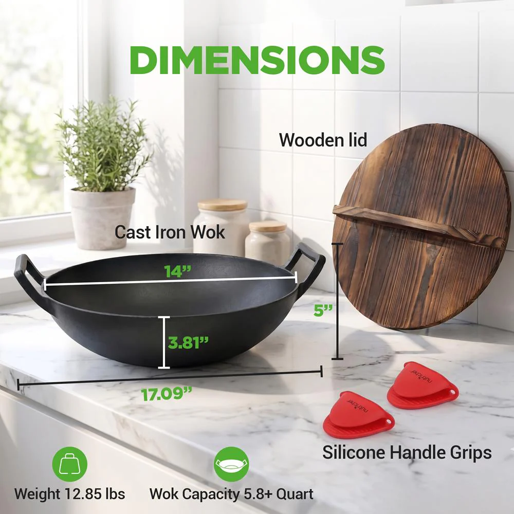 Cast Iron Wok 5.8 Qt Even Heat Pre-Seasoned with Wooden Lid - Image 7
