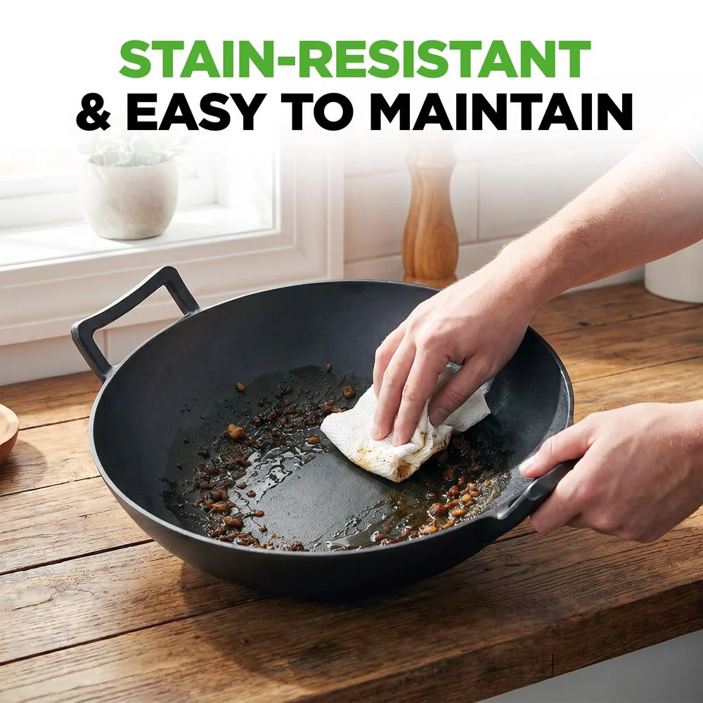 Cast Iron Wok 5.8 Qt Even Heat Pre-Seasoned with Wooden Lid - Image 8