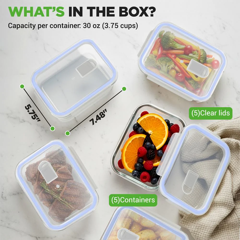 Glass Food Storage Set 10-Piece Leak-Proof Borosilicate Blue Lids - Image 7