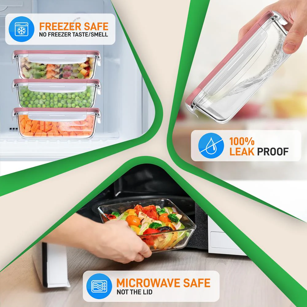 10-Piece Leakproof Glass Containers Set, Freezer-to-Oven Safe, Red - Image 3