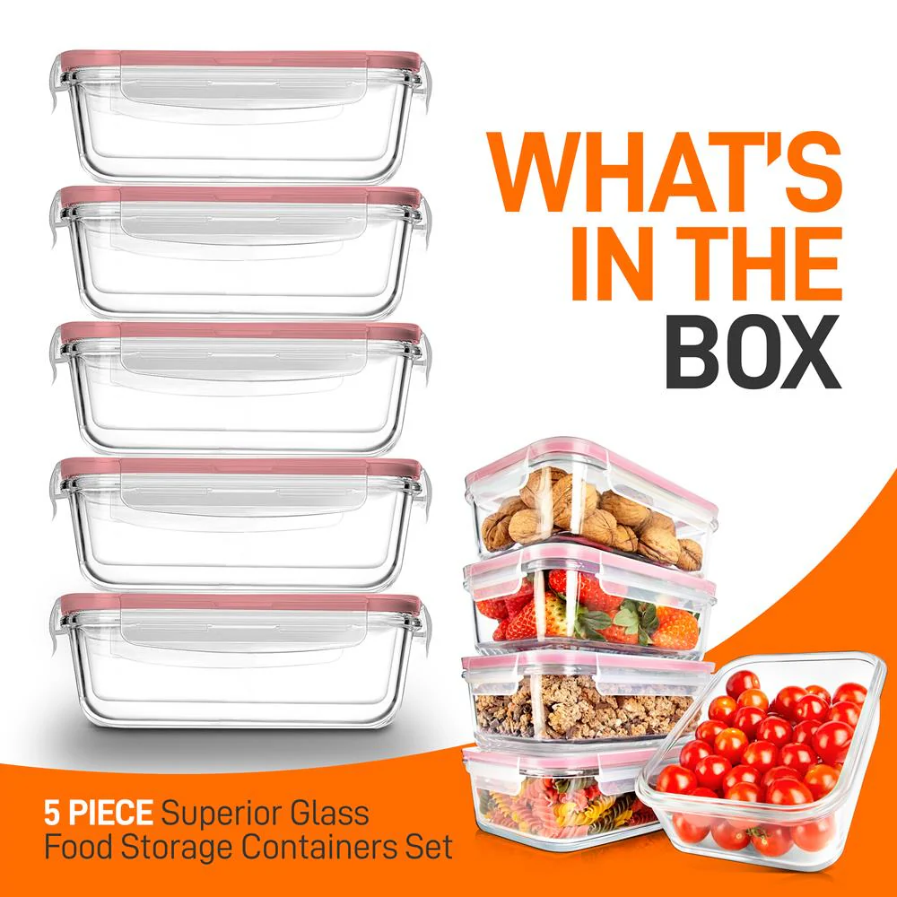 10-Piece Leakproof Glass Containers Set, Freezer-to-Oven Safe, Red - Image 7
