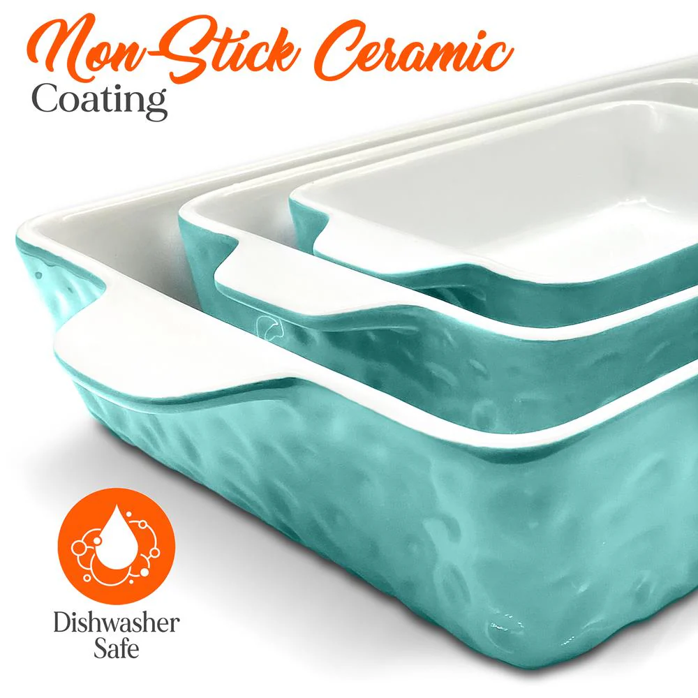 3-Piece Ceramic Casserole Set, Non-Stick, Oven Safe, Aqua - Image 4