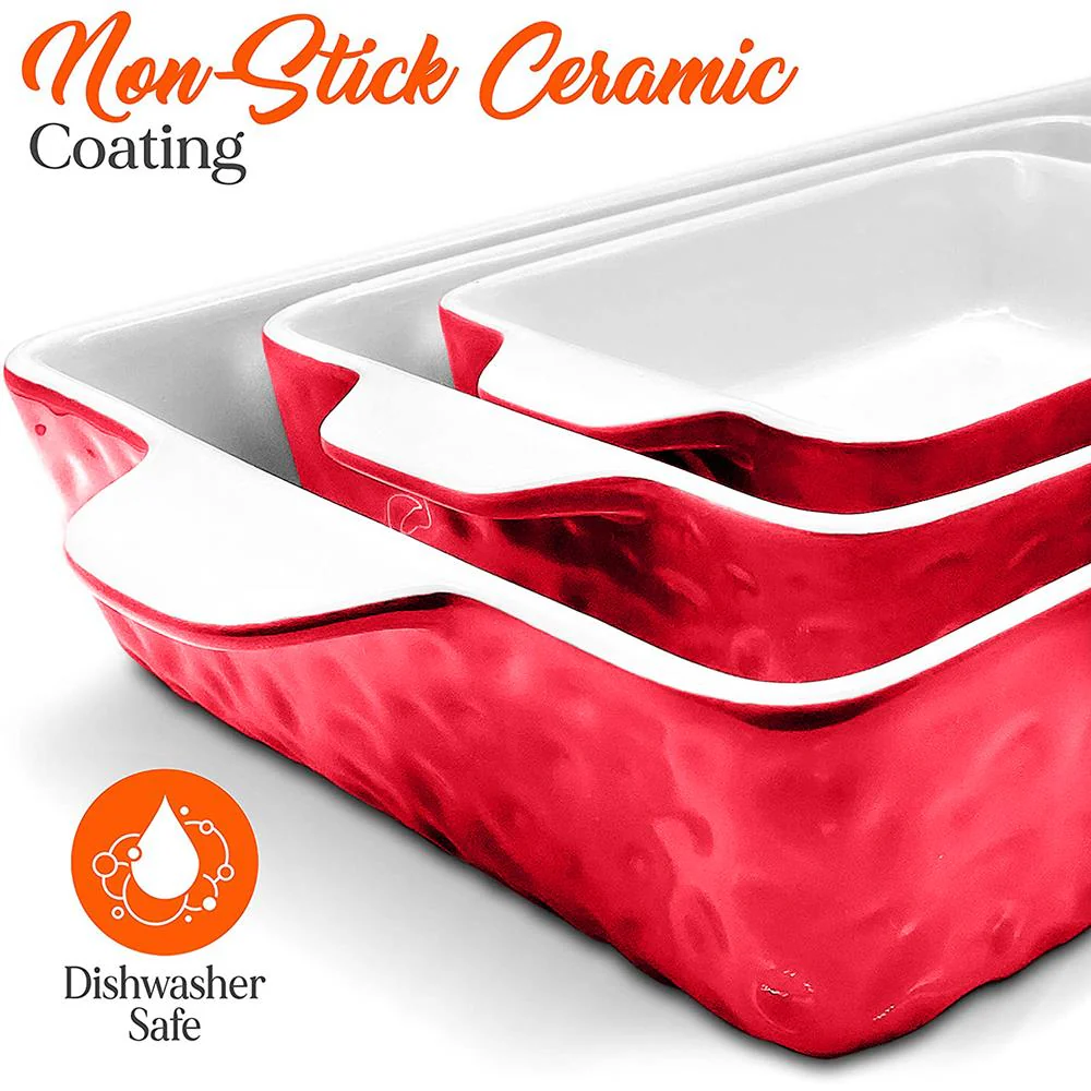 3-Piece Ceramic Casserole Set, Nonstick, Oven Safe, Red - Image 4