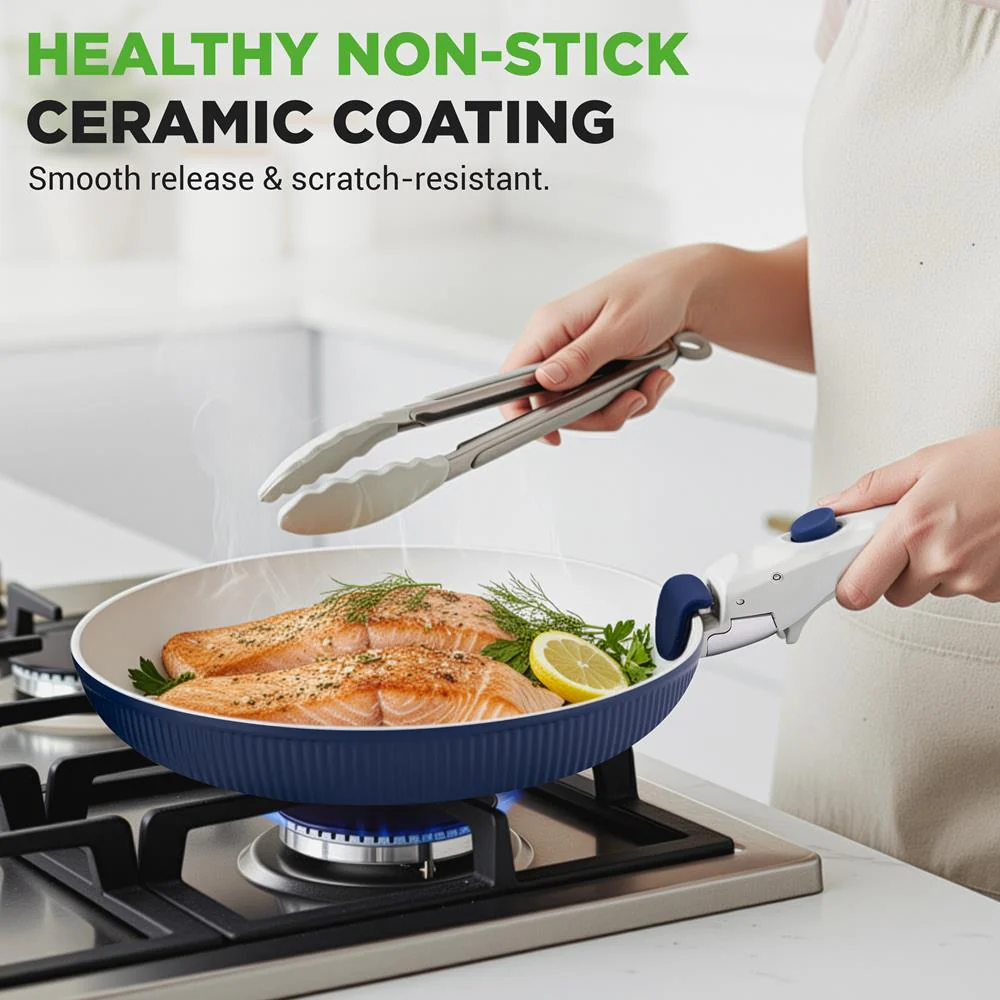 18-Piece Stylish Kitchen Cookware Set - Ceramic Nonstick Pots & Pans With Detachable Handles (Blue) - Image 2