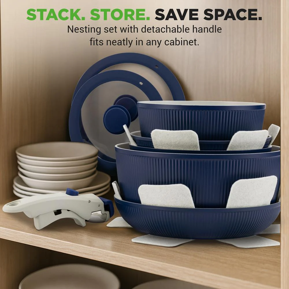 18-Piece Stylish Kitchen Cookware Set - Ceramic Nonstick Pots & Pans With Detachable Handles (Blue) - Image 6