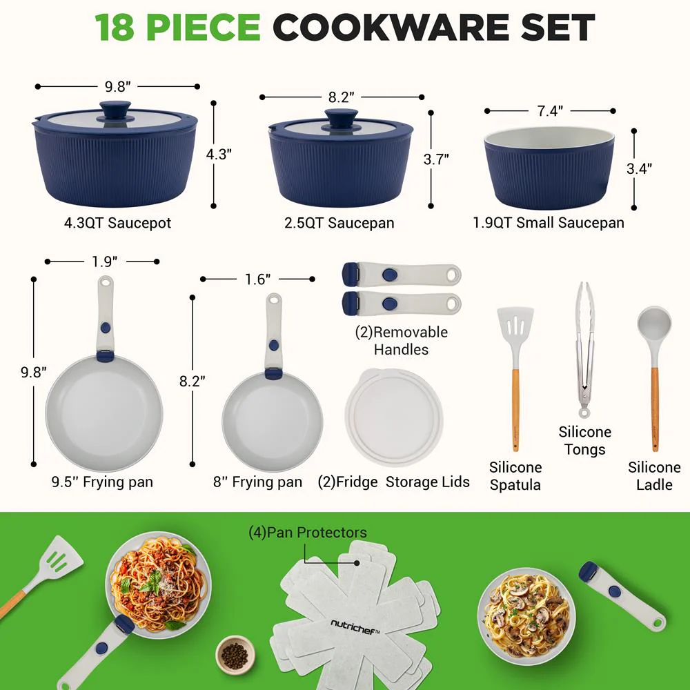 18-Piece Stylish Kitchen Cookware Set - Ceramic Nonstick Pots & Pans With Detachable Handles (Blue) - Image 8