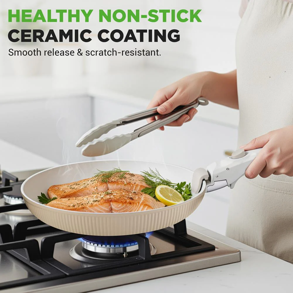 18-Piece Stylish Kitchen Cookware Set - Ceramic Nonstick Pots & Pans With Detachable Handles (Cream) - Image 2