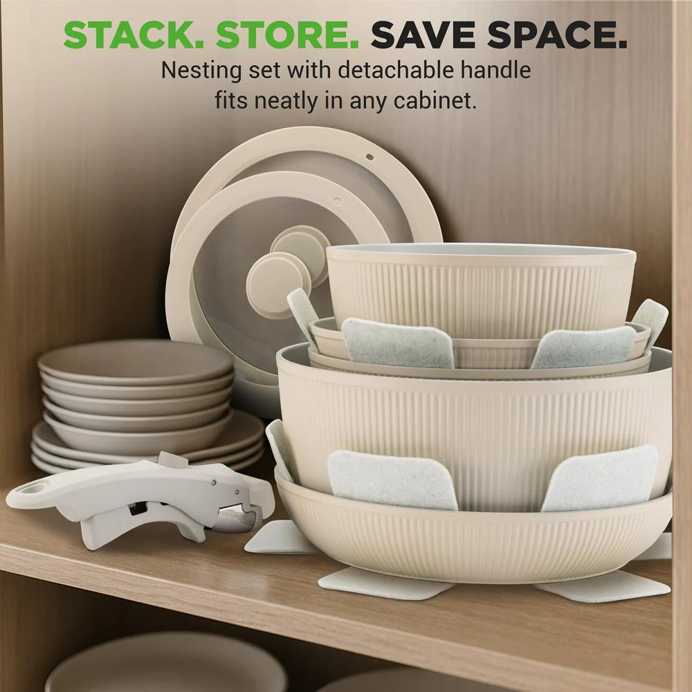 18-Piece Stylish Kitchen Cookware Set - Ceramic Nonstick Pots & Pans With Detachable Handles (Cream) - Image 6