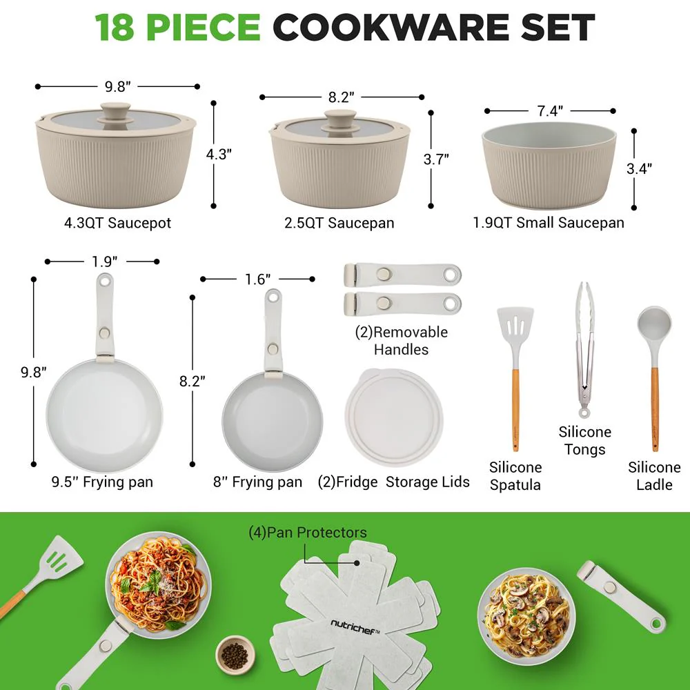 18-Piece Stylish Kitchen Cookware Set - Ceramic Nonstick Pots & Pans With Detachable Handles (Cream) - Image 8