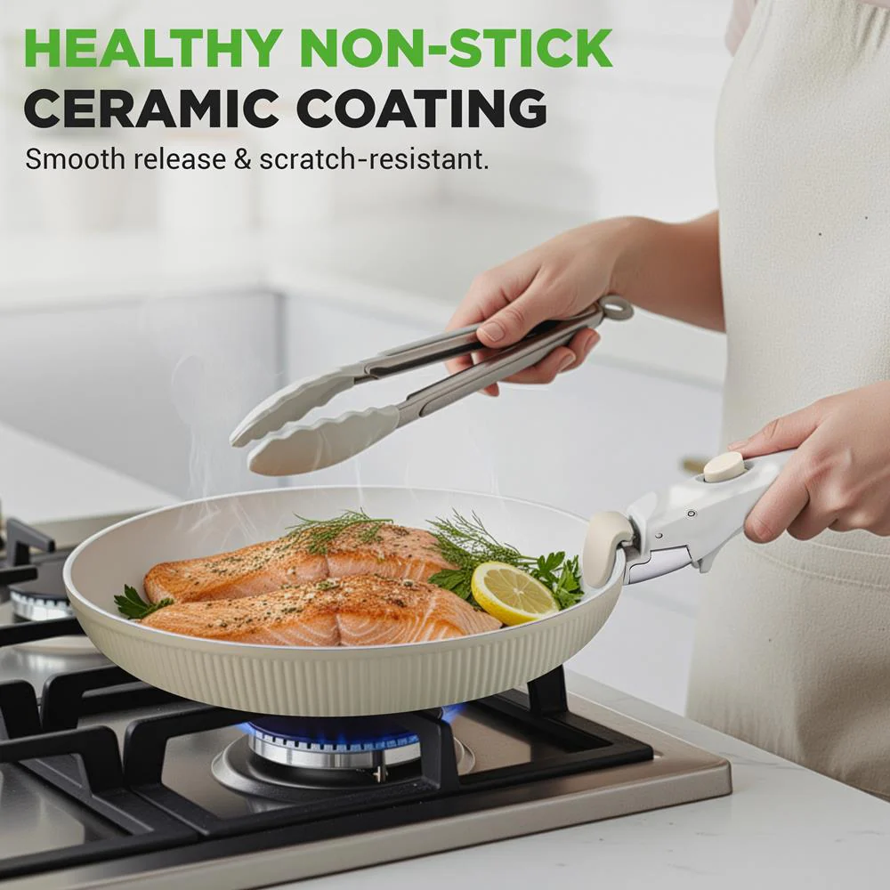18-Piece Stylish Kitchen Cookware Set - Ceramic Nonstick Pots & Pans With Detachable Handles (Green) - Image 2