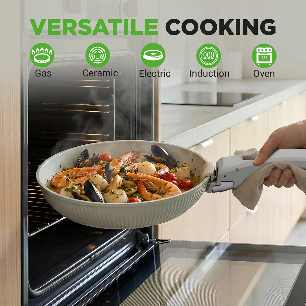 18-Piece Stylish Kitchen Cookware Set - Ceramic Nonstick Pots & Pans With Detachable Handles (Green) - Image 4
